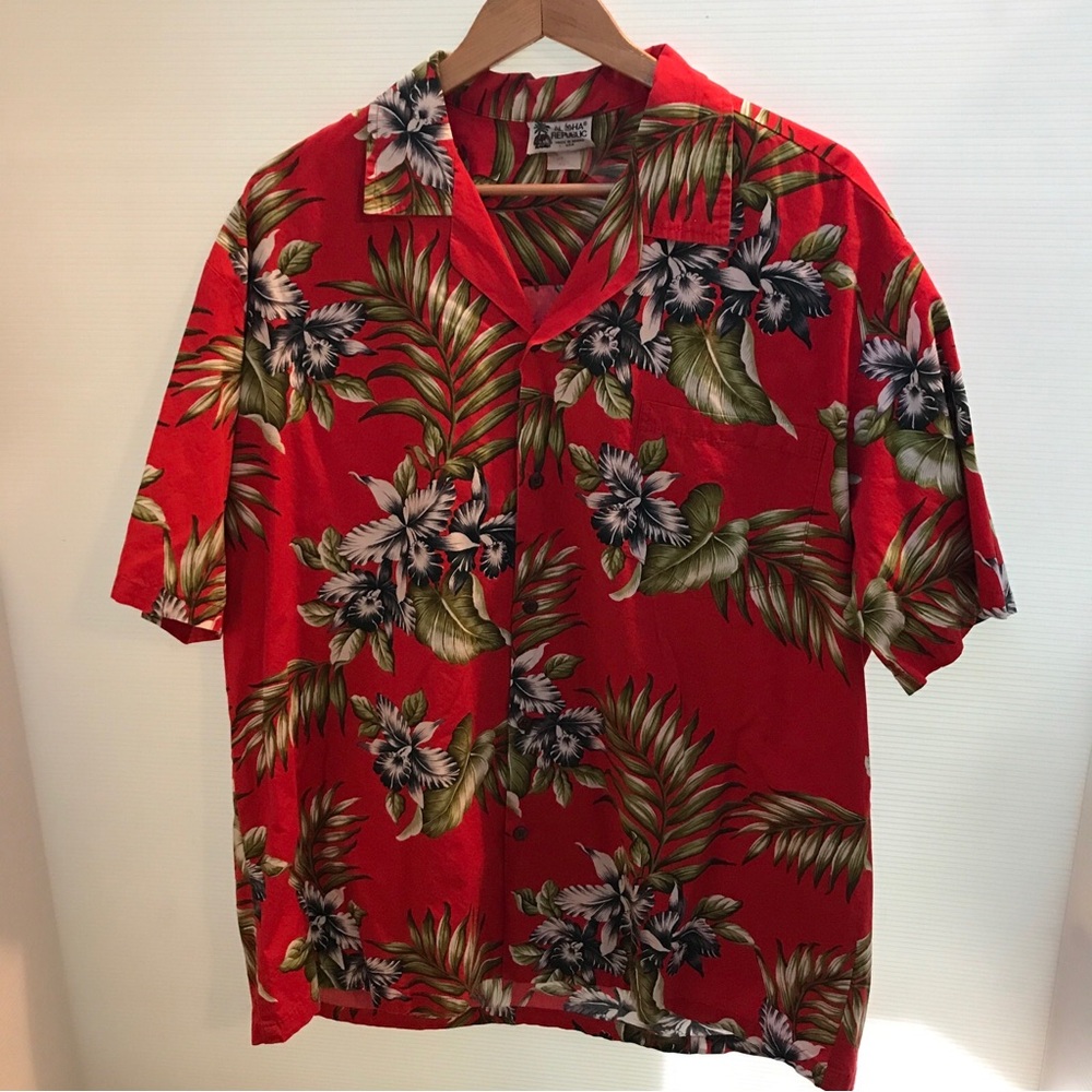 Aloha Republic Hawaiian Button Shirt XL Red Floral Pocket Resort USA Cotton